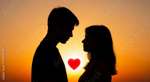 Silhouette of romantic couple facing each other with heart shaped sunset