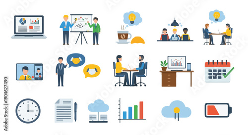 Collection of business and office icons, depicting various work tasks and tools