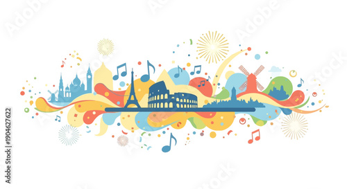 European City Silhouettes with Music Notes and Fireworks