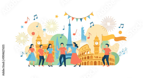 Happy People Dancing in Front of World Landmarks Celebration