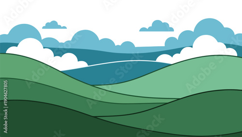 Cartoon landscape showing rolling green hills and cloudy sky in various shades