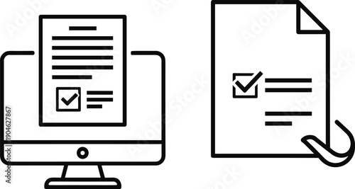 Digital Document Approval and Online Form Submission Outline Icon Illustration Representing Paperless Workflow, Verification, E-Signature, and Business Process Management Concepts