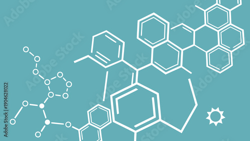 A vector graphic illustration of a molecular structure with hexagonal rings and bonds on a teal background