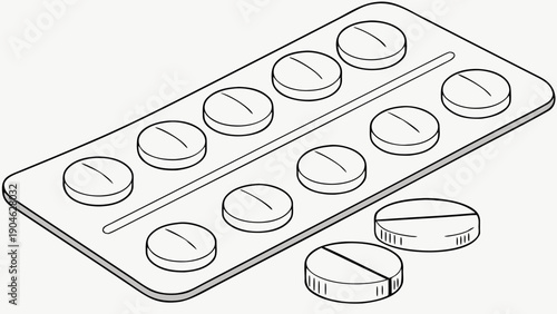 A vector graphic illustration of a blister pack of pills and loose tablets on a white background