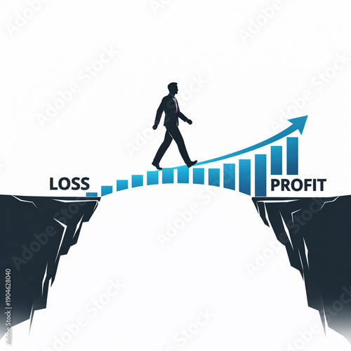 Vector Illustration of silhouetted person walking on a bridge made of increasing sales bars and graphs connecting two cliffs