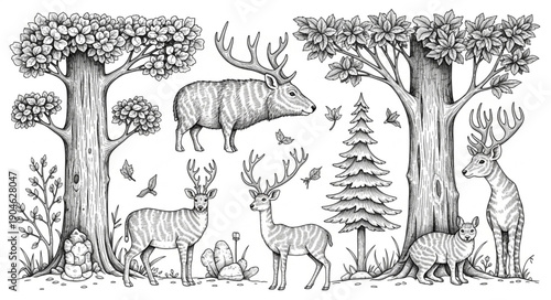 Forest animals and trees illustration black and white drawing.