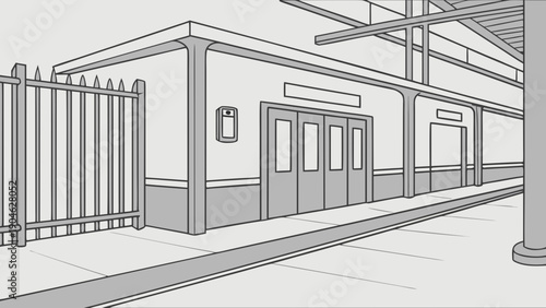 A minimalist vector illustration of a train station platform with a fence and building