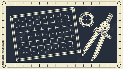 A vector graphic illustration of a graph paper with a compass and protractor on a dark blue background