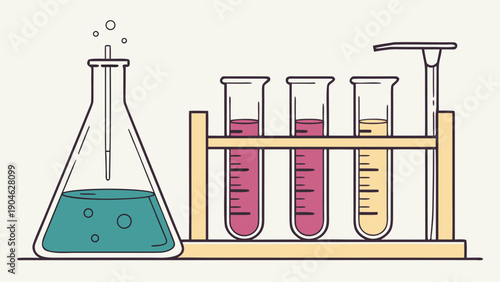 A colorful vector illustration of laboratory equipment including a flask and test tubes