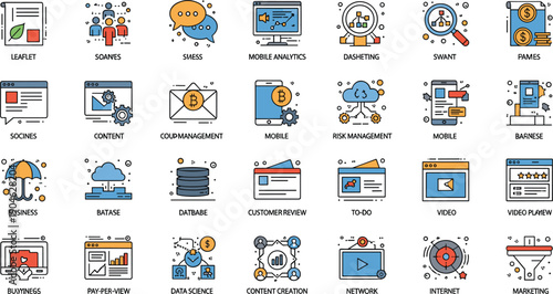 Digital Marketing and Business Process Flat Icon Set Featuring Analytics, Strategy, Communication, Automation, SEO, E Commerce, and Online Media Management Concepts