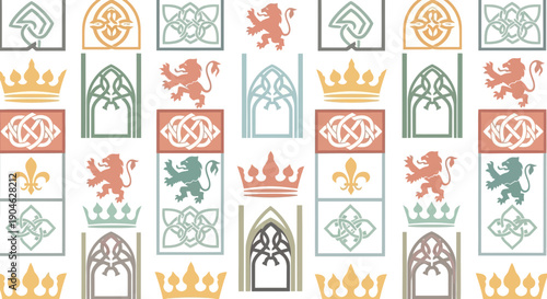 Royal Heraldic Pattern: Crowns, Lions, Fleur-de-lis, Celtic Knots