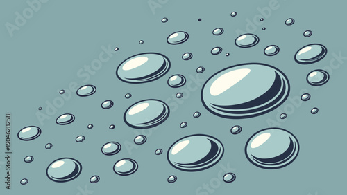 A vector graphic illustration of clear water droplets on a solid background