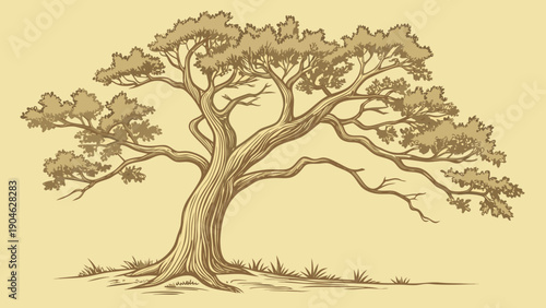 A serene illustration of a majestic tree with sprawling branches and roots, symbolizing strength and nature, viewed from a distance in a tranquil environment