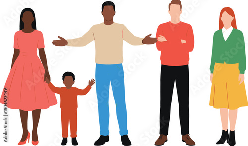 Diverse Family and People Illustration Set Showing Different Individuals Standing Together Representing Inclusion, Community, Relationships, Modern Society, and Social Diversity