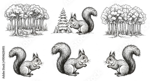 Forest scene with squirrels illustration.