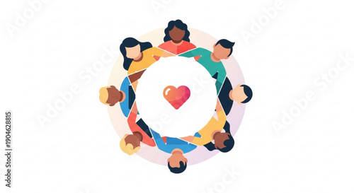 Diverse group of people forming a circle with a heart symbol in the center representing unity and love