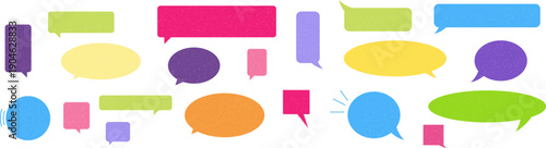 Colorful flat illustration featuring multiple stylized speech bubbles and chat boxes in varied shapes and pastel tones, arranged on a white background to suggest lively conversation and modern design