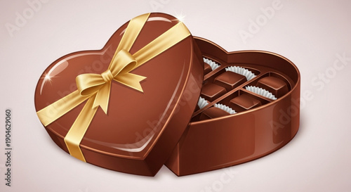 Chocolate heart shaped gift box with gold ribbon opened to reveal assorted chocolate pieces inside on beige background