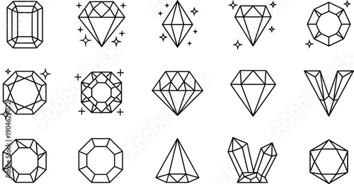 Gemstone and Diamond Outline Icon Set Featuring Crystals, Precious Stones, Jewelry Shapes, and Luxury Sparkle Symbols for Branding, UI, and Design Projects