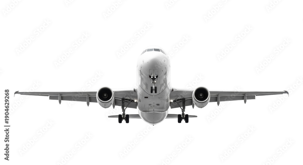 Obraz premium Commercial airplane PNG isolated on transparent background, passenger jet landing with landing gear down for travel and transportation themes