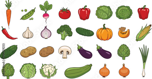 Fresh Vegetable Illustration Set Featuring Carrot, Tomato, Pepper, Cabbage, Onion, Eggplant, Mushroom, and Greens Representing Healthy Food, Cooking, and Organic Farming Concept