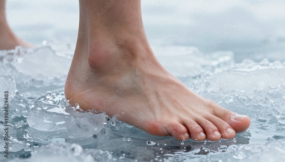 Fototapeta premium A bare foot stands on ice, with visible water droplets forming from the melting surface, highlighting the sensation of extreme cold.