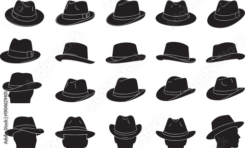 Collection of various fedora hats displayed from different angles and perspectives, illustrating a range of styles and designs