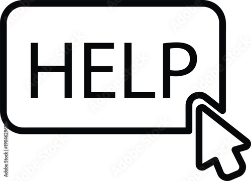 A minimalist graphic features a mouse cursor clicking a 'HELP' button, symbolizing a user's need for immediate online support and technical assistance.