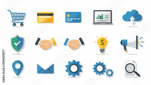 Collection of flat design icons illustrating concepts like business and communication