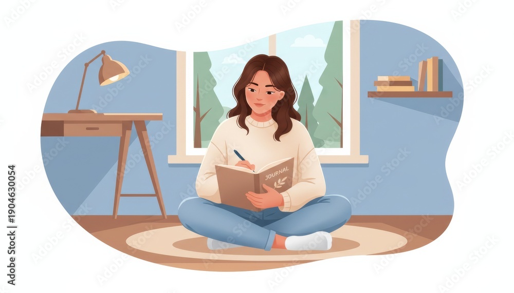 Fototapeta premium Teen girl sitting cross-legged with notebook illustration warm palette with floor cushion and lamp