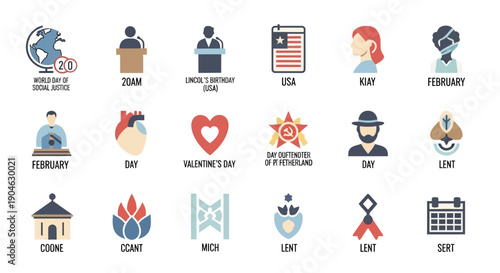 February Holidays and Events Icons Collection