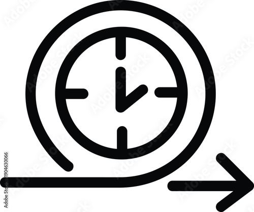 Conceptual black line icon depicting time progression and duration, showing a circular clock face evolving into a forward arrow, symbolizing scheduling and future movement.
