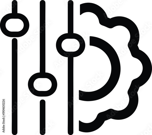 Clean, isolated vector icon representing digital interface settings, featuring vertical adjustment sliders and a stylized gear for system configuration and optimization.