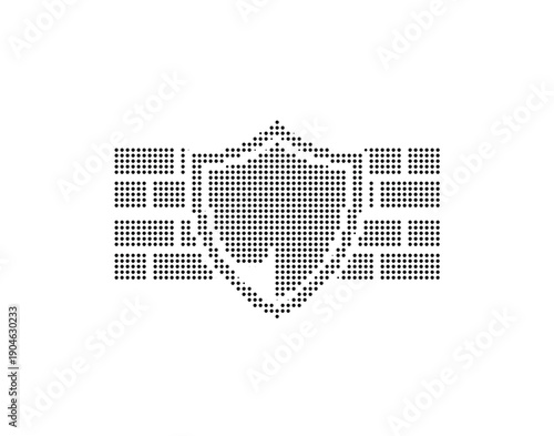Shield with checkmark icon made of small dots, vector illustration on white background