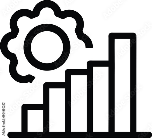 Professional vector line icon illustrating the process of optimizing settings for maximum business growth, featuring a gear and an ascending bar chart.