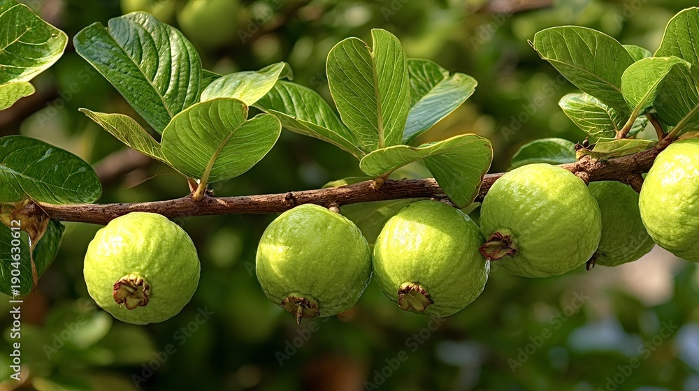 Obraz premium Green guava fruits are ripening on a tree branch, surrounded by lush green leaves under natural daylight, representing healthy tropical produce and a fresh harvest