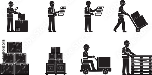 6 Black Solid Aerospace Logistics Staff Silhouettes Set on White Background