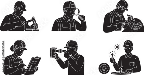 6 Black Solid Aerospace Quality Control Silhouettes Set on White Background