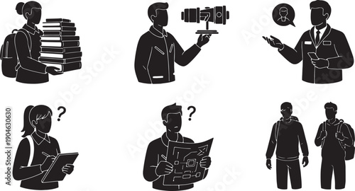 6 Black Solid Aerospace Student Intern Silhouettes Set on White Background