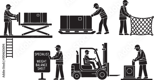 6 Black Solid Aircraft Cargo Loading Silhouettes Set on White Background