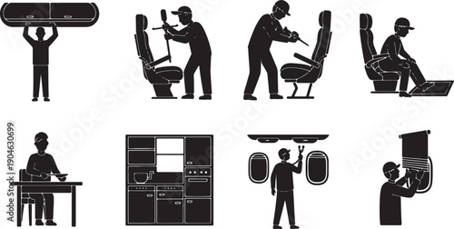 6 Black Solid Aircraft Interior Installer Silhouettes Set on White Background