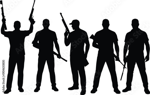 Armed men silhouettes group, tactical shooters holding rifles, military security team concept, action combat figures, black isolated flat vector illustration
