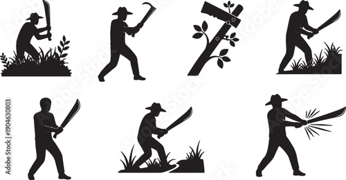 6 Black Solid Machete Clearing Silhouettes Set on White Background