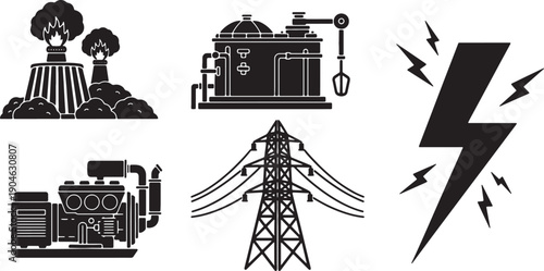 5 Black Solid Biogas Production Silhouettes Set on White Background