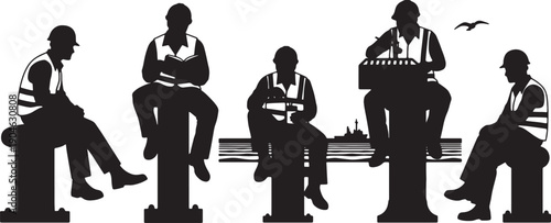 5 Black Solid Workers Sitting on Bollards Silhouettes Set on White Background