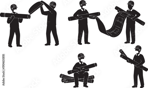 6 Black Solid Blueprint Tube Carrying Silhouettes Set on White Background