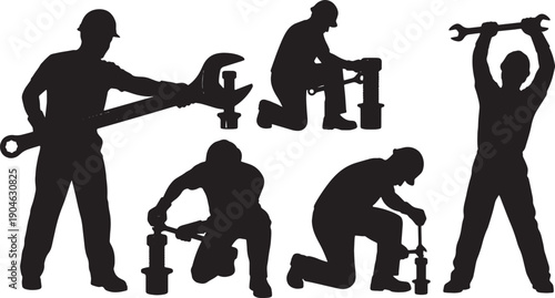 5 Black Solid Workers Tightening Bolts Silhouettes Set on White Background