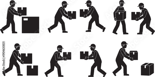 6 Black Solid Workers Passing Boxes Silhouettes Set on White Background