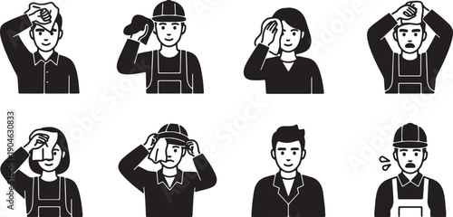 6 Black Solid Workers Wiping Brows Silhouettes Set on White Background