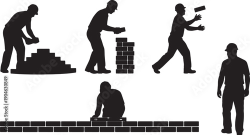 5 Black Solid Workers Stacking Bricks Silhouettes Set on White Background